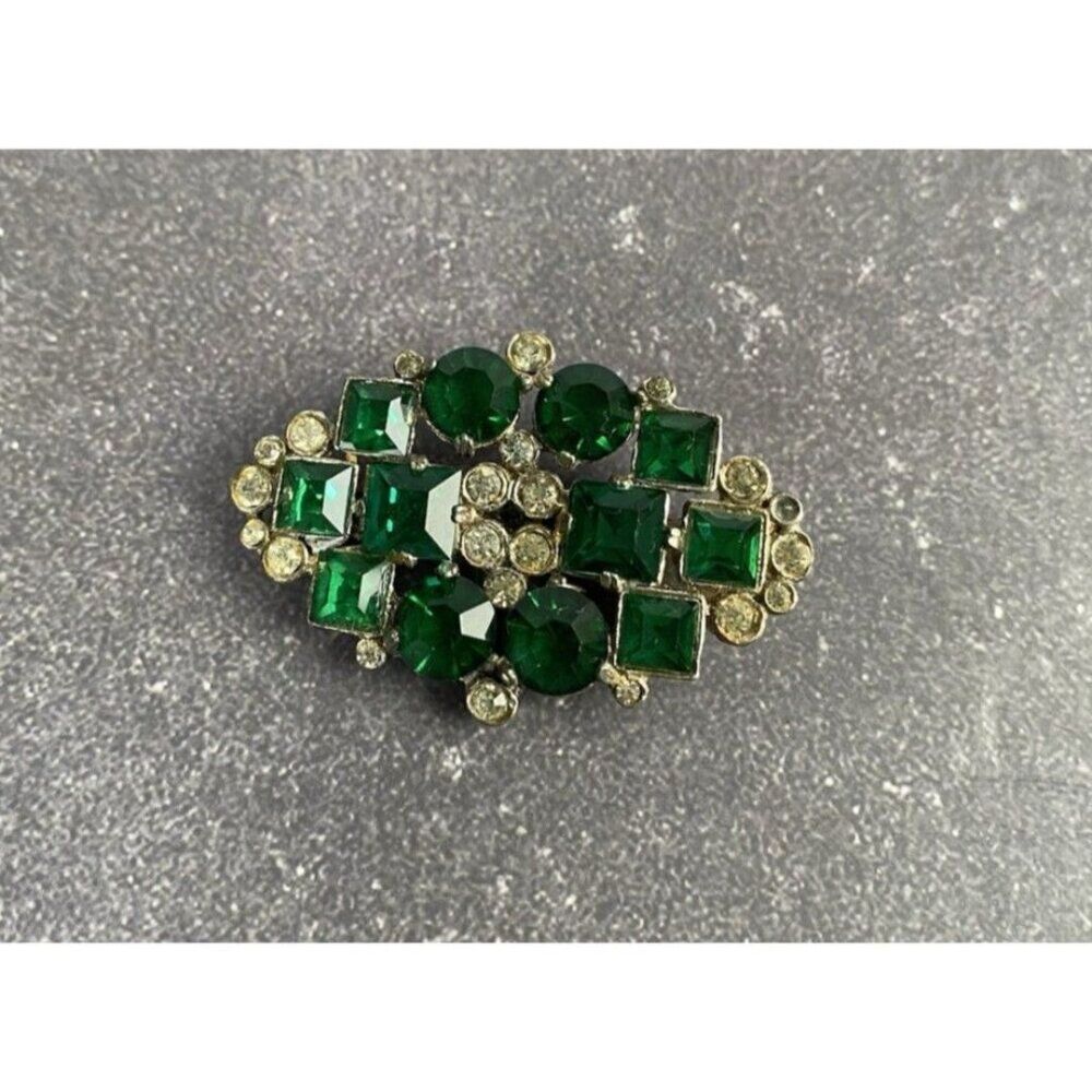 Vintage Paul Sargent 24KP Gold Tone Green Rhinestone Brooch Pin